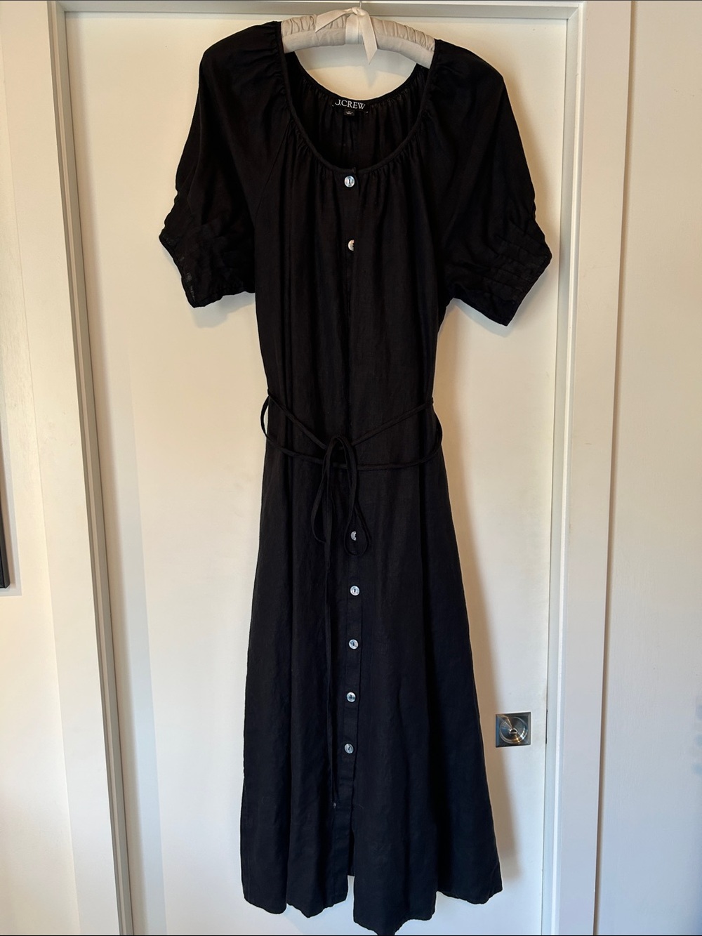 J. Crew Black Button-Front Midi Dress with Tie Waist